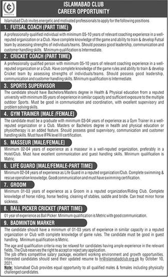 Islamabad Club Jobs September 2021 Gym Trainer, Life Guard, Coaches & Others Latest
