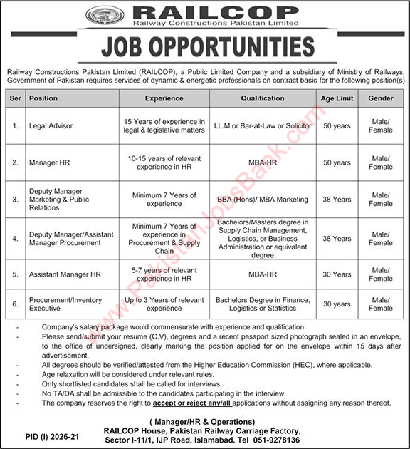 Railway Constructions Pakistan Limited Jobs 2021 October HR Manager, Legal Advisor & Others RAILCOP Latest