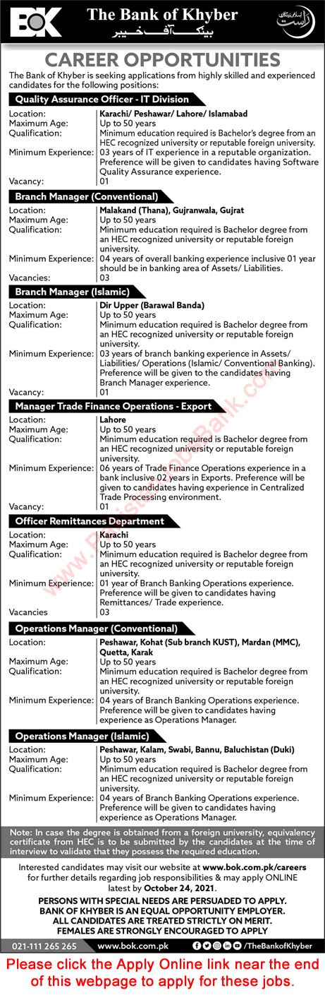 Bank of Khyber Jobs October 2021 Apply Online Operations / Branch Managers & Others BOK Latest