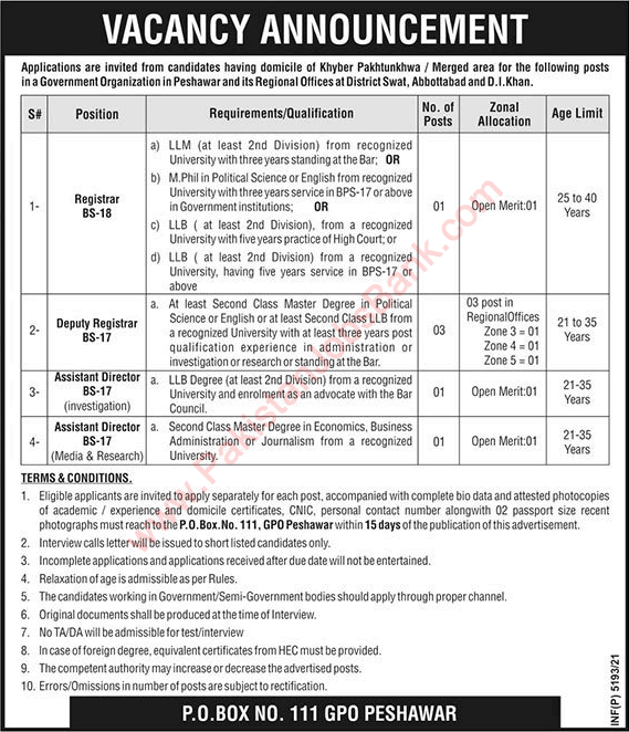 PO Box 111 GPO Peshawar Jobs 2021 October Government Organization Latest