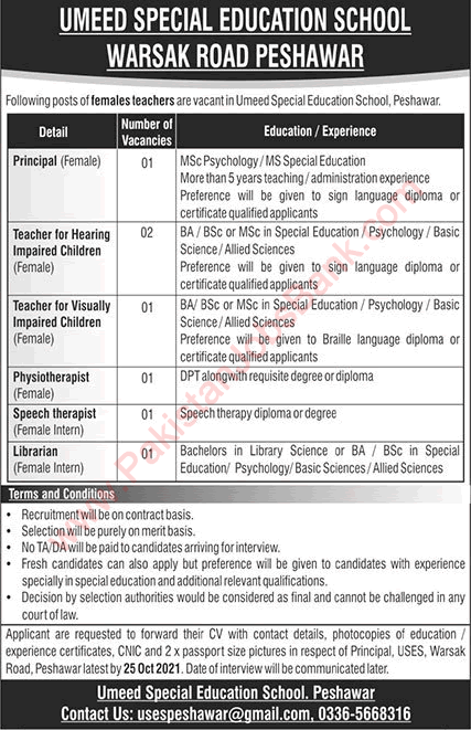 Umeed Special Education School Peshawar Jobs 2021 October Female Teachers & Others Latest