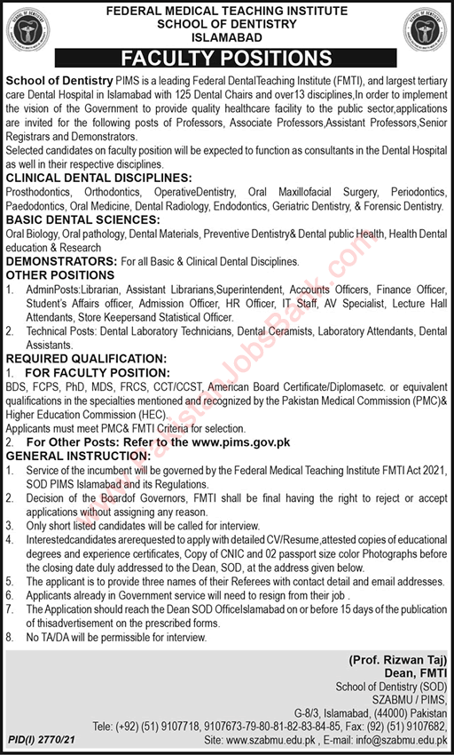 Federal Medical Teaching Institute School of Dentistry Islamabad Jobs November 2021 PIMS SZABMU  Latest