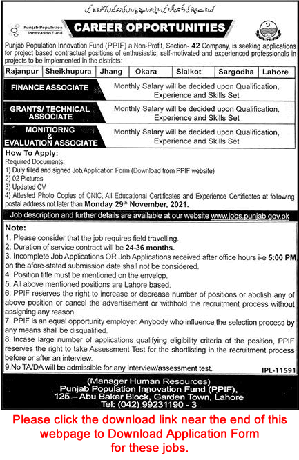 Punjab Population Innovation Fund Jobs November 2021 Application Form Finance Associates & Others PPIF Latest