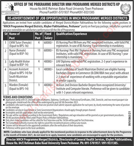 Directorate General Health Services KPK Jobs November 2021 MNCH Programme Merged Districts Latest