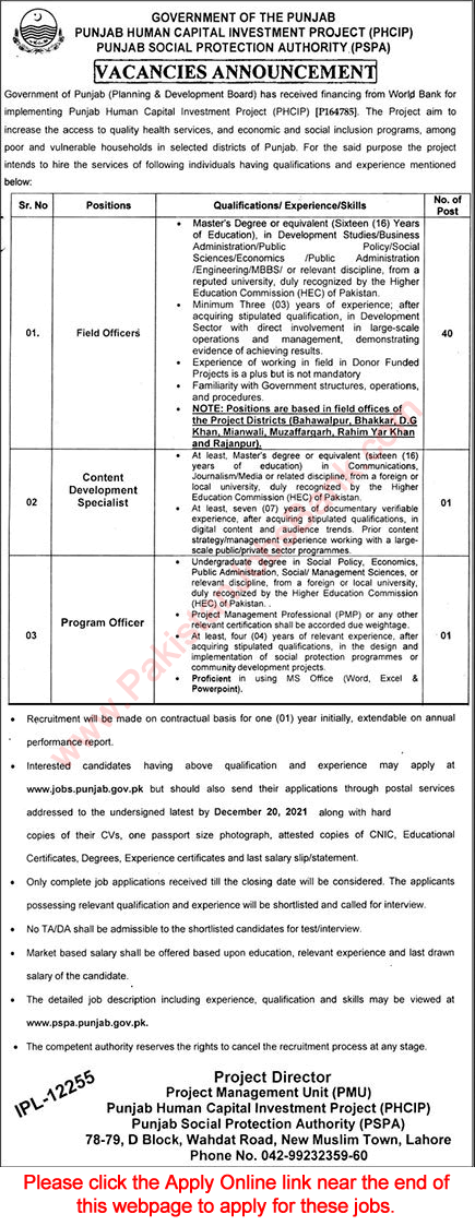 Punjab Social Protection Authority Jobs November 2021 December Apply Online Field Officers & Others PHCIP PSPA Latest