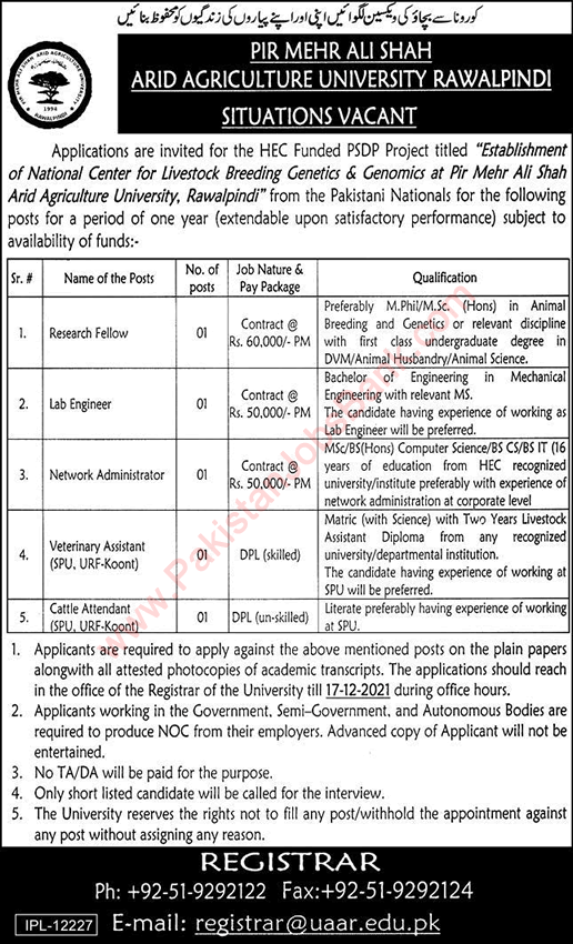 Arid Agriculture University Rawalpindi Jobs November 2021 December Research Fellow, Lab Engineer & Others Latest