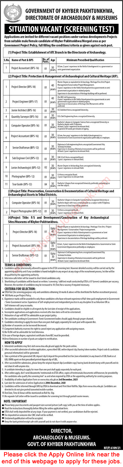 Archaeology and Museums Department KPK Jobs December 2021 ETEA Apply Online Tour Guide & Others Latest