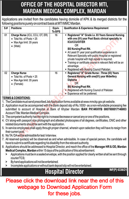 Charge Nurse Jobs in Mardan Medical Complex December 2021 Application Form MTI Latest