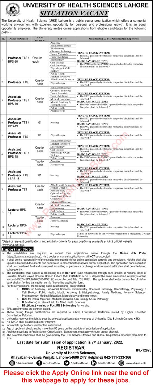 Teaching Faculty Jobs in University of Health Sciences Lahore December 2021 UHS Apply Online Latest