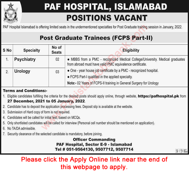 PAF Hospital Islamabad FCPS Postgraduate Training December 2021 / 2022 Online Apply Latest