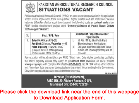 Scientific Officer Jobs in Pakistan Agriculture Research Council December 2021 / 2022 Application Form PARC Latest
