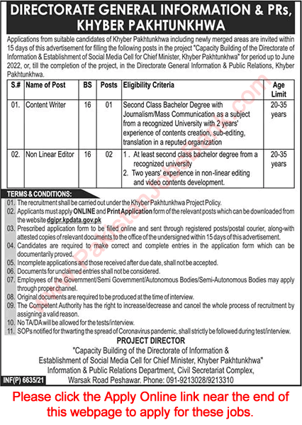 Information and Public Relations Department KPK Jobs December 2021 / 2022 Apply Online Latest