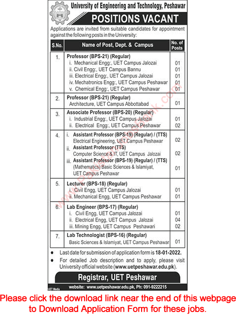 UET Peshawar Jobs December 2021 / 2022 Application Form University of Engineering and Technology Latest