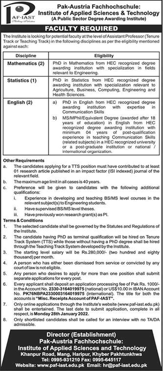 Teaching Faculty Jobs in PAF IAST Haripur 2022 Pak-Austria Fachhochschule Institute of Applied Sciences & Technology Latest