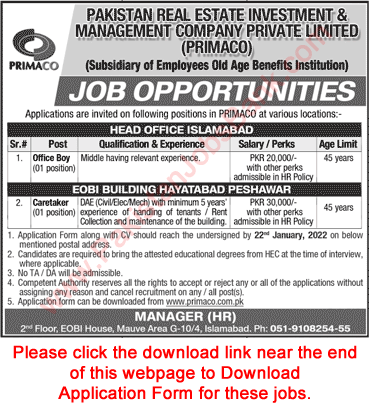 PRIMACO Jobs 2022 Application Form Office Boy & Caretaker Pakistan Real Estate Investment & Management Company Latest