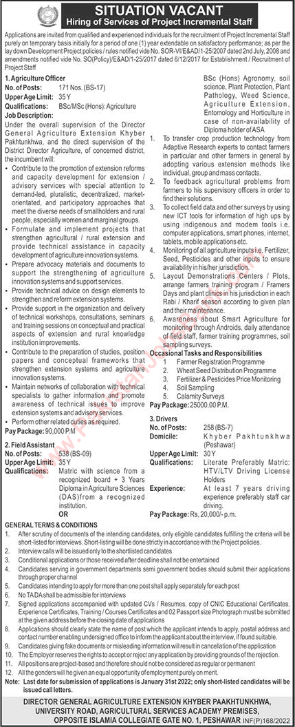 Agriculture Extension Department KPK Jobs 2022 January Field Assistants & Others Latest