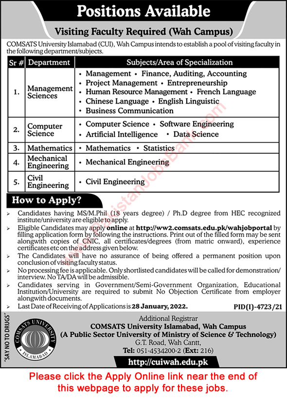 Visiting Faculty Jobs in COMSATS University 2022 CUI Wah Campus Apply Online Latest