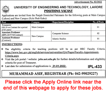 UET Lahore Jobs 2022 Apply Online Teaching Faculty & Treasurer University of Engineering and Technology Latest