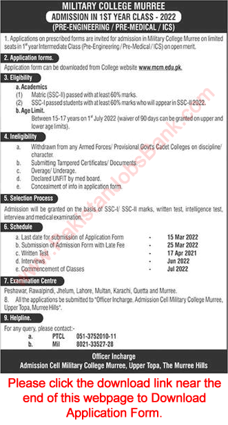 Military College Murree Admission 1st Year Intermediate Class 2022 Application Form Latest