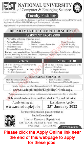 Teaching Faculty Jobs in FAST National University Lahore Campus 2022 Apply Online Latest