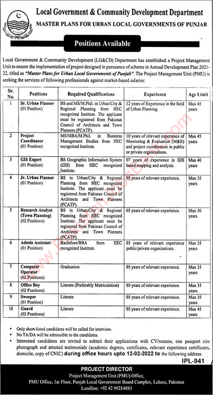 Local Government and Community Development Department Punjab Jobs 2022 Research Analysts & Others Latest