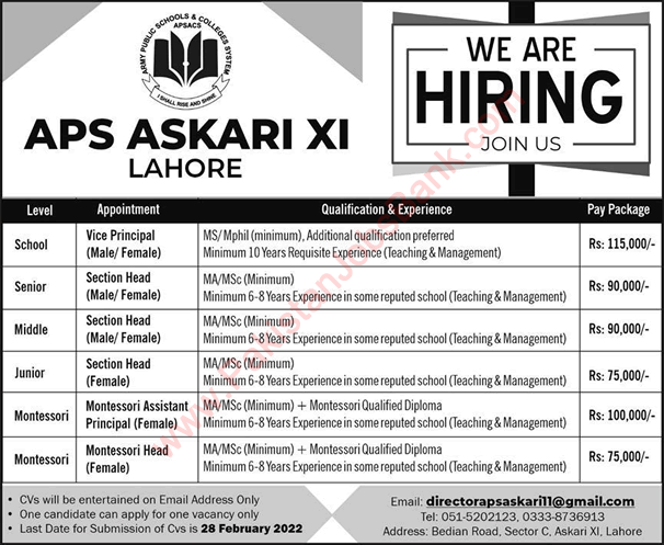 Army Public School Askari 11 Lahore Jobs 2022 February Teachers & Vice Principal APS Latest