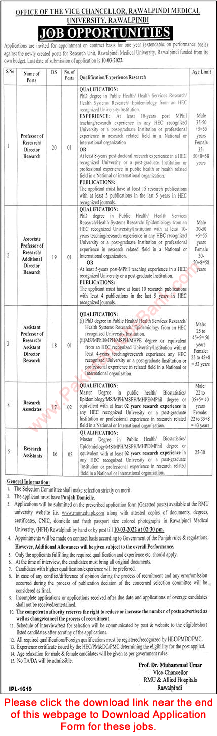 Rawalpindi Medical University Jobs 2022 February Application Form Teaching Faculty & Others Latest