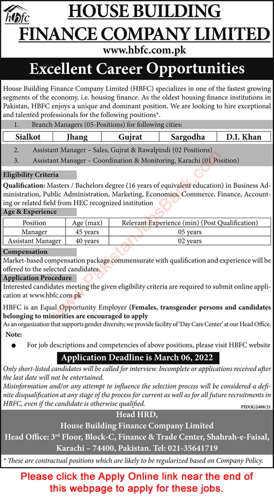 House Building Finance Company Jobs 2022 February Apply Online Branch Manager & Assistant Managers HBFC Latest