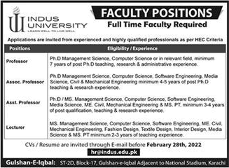 Indus University Karachi Jobs 2022 February Teaching Faculty Latest