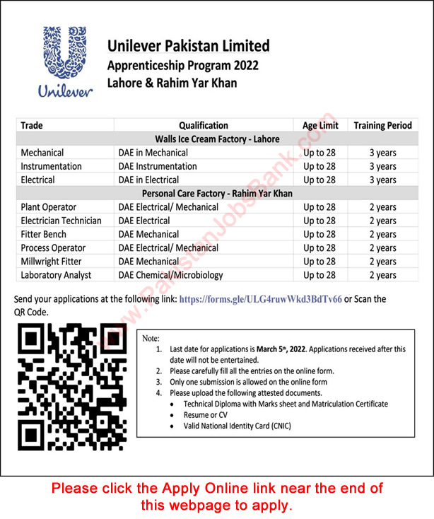 Unilever Pakistan Limited Apprenticeship 2022 February Apply Online Latest