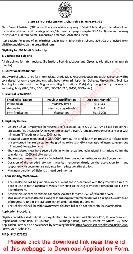 State Bank of Pakistan Merit Scholarship Scheme 2021-22 Application Form for SBP Employees Children Latest