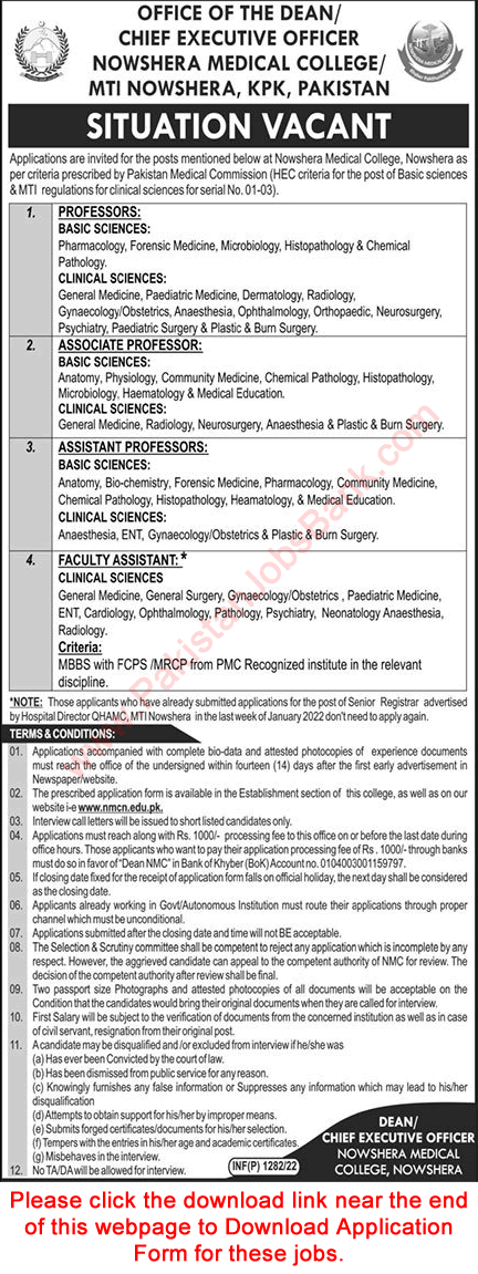 Nowshera Medical College Jobs March 2022 Application Form MTI Teaching Faculty Latest