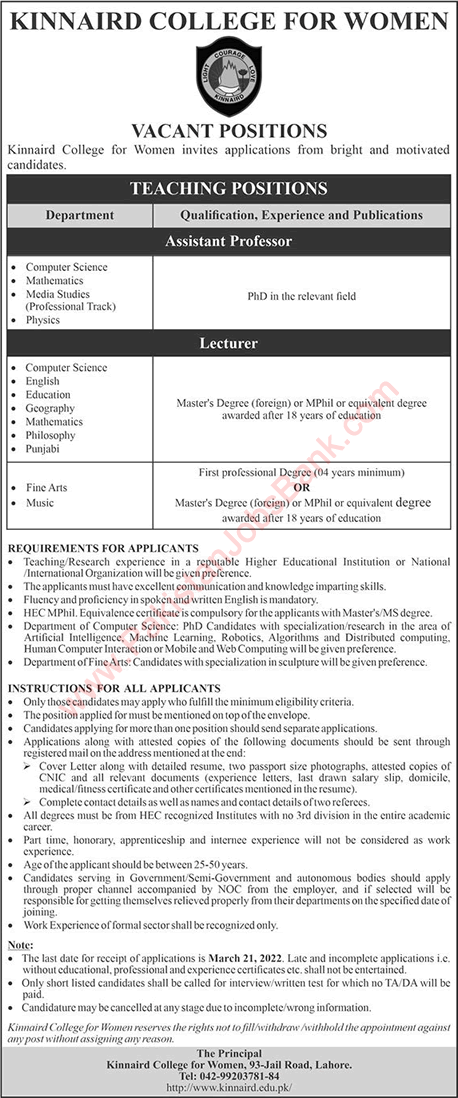 Kinnaird College for Women Lahore Jobs 2022 March Teaching Faculty Latest