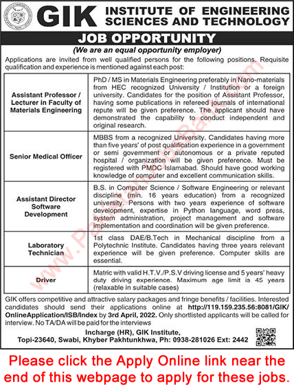 GIK Institute of Engineering Sciences and Technology Swabi Jobs 2022 March Apply Online Teaching Faculty & Others Latest