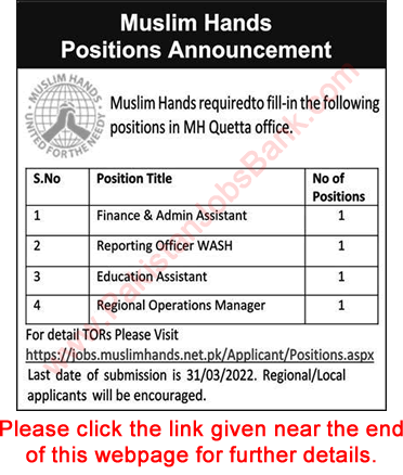 Muslim Hands Quetta Jobs 2022 March Reporting Officer, Education Assistant & Others NGO Latest