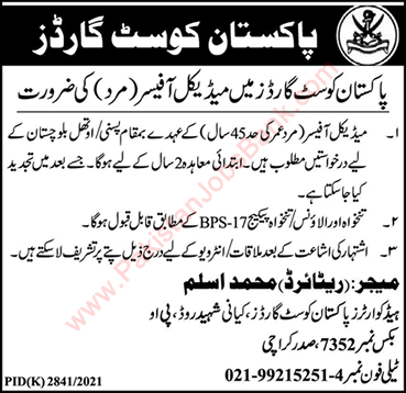 Medical Officer Jobs in Pakistan Coast Guard 2022 March Latest