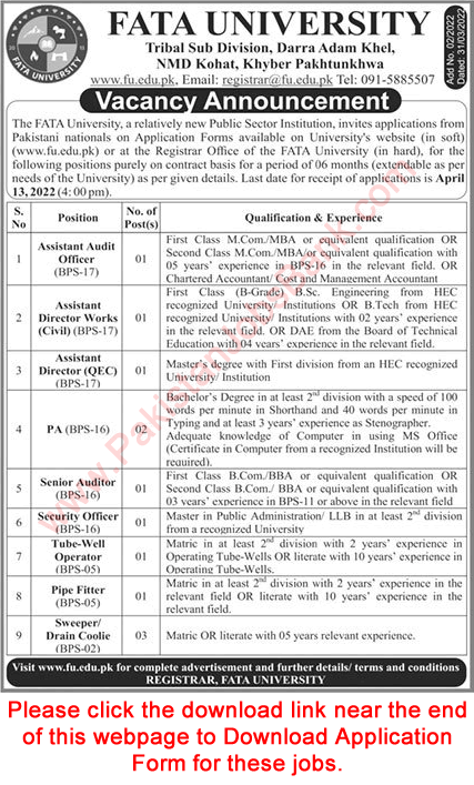 FATA University Kohat Jobs 2022 March Application Form Sweepers, Assistant Directors & Others Latest