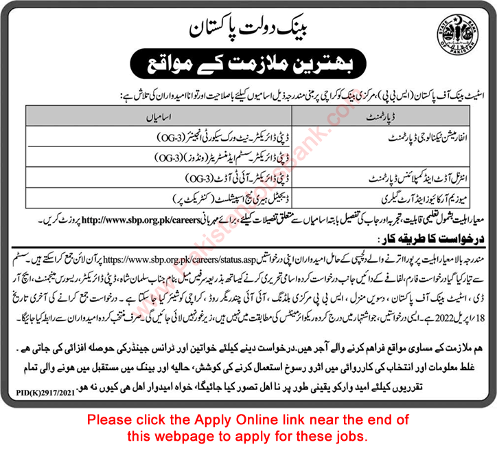 State Bank of Pakistan Jobs April 2022 Apply Online SBP Deputy Director & Others Latest