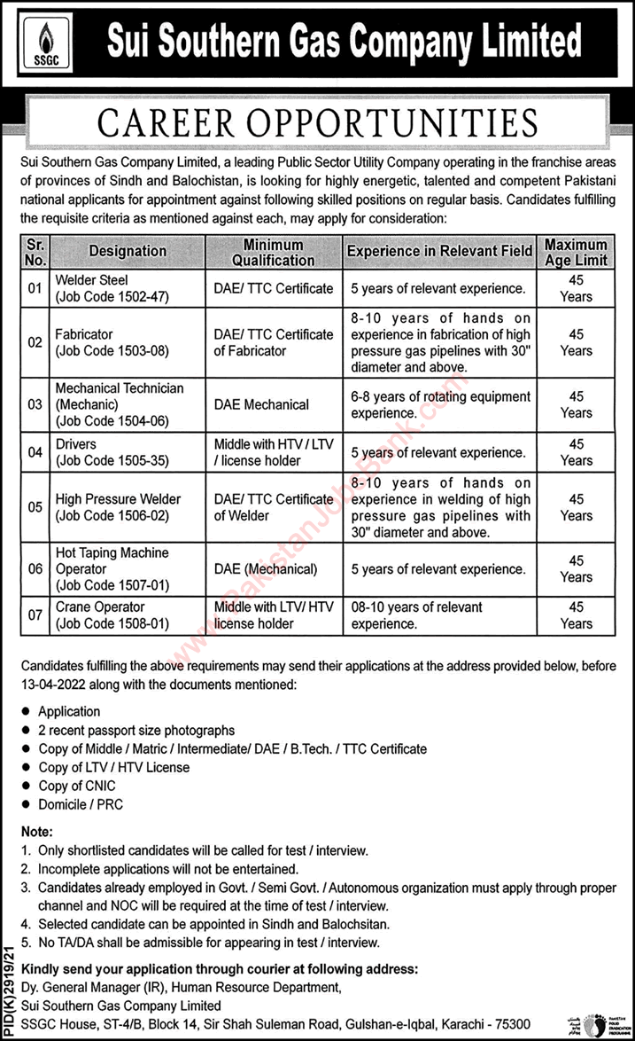 SSGC Jobs April 2022 Drivers, Welder & Others Sui Southern Gas Company Limited Latest
