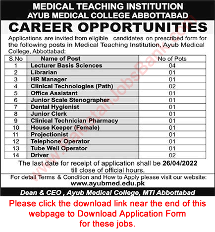 Ayub Medical College Abbottabad Jobs 2022 April Application Form Lecturers & Others MTI Latest