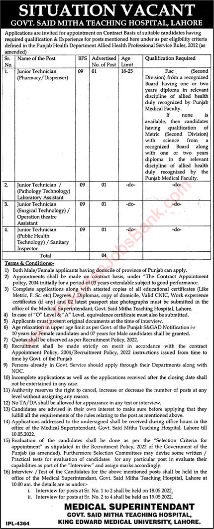 Government Said Mitha Teaching Hospital Lahore Jobs 2022 April Medical Technicians Latest