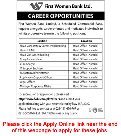 First Women Bank Limited Jobs May 2022 FWBL Apply Online IT Support Engineer, System Administrator & Others Latest