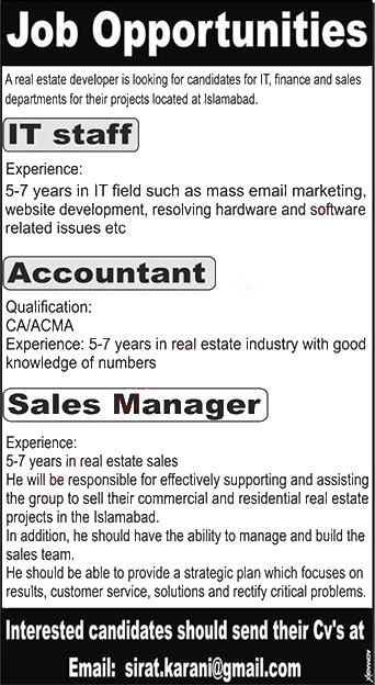 Real Estate Jobs in Islamabad 2022 May IT Staff, Accountant & Sales Manager Latest