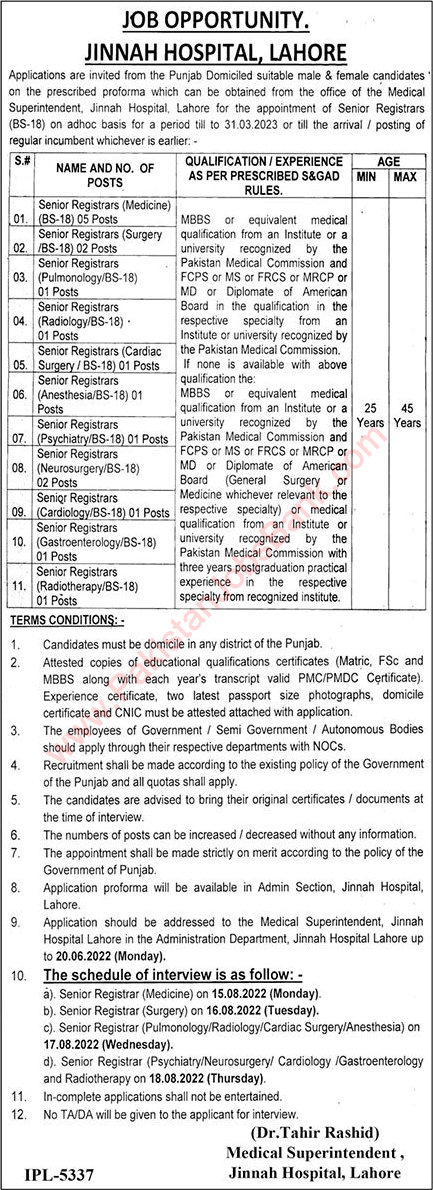 Senior Registrar Jobs in Jinnah Hospital Lahore May 2022 Latest
