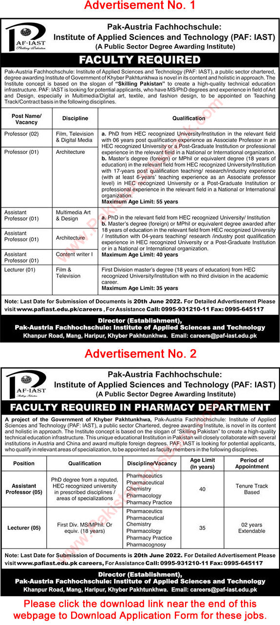 PAF IAST Haripur Jobs May 2022 Application Form Teaching Faculty Latest