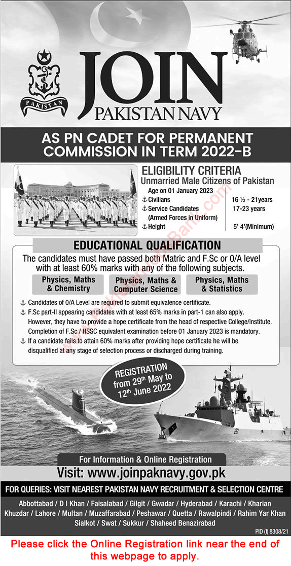Join Pakistan Navy as PN Cadet 2022 May / June Online Registration Permanent Commission in Term 2022-B Latest