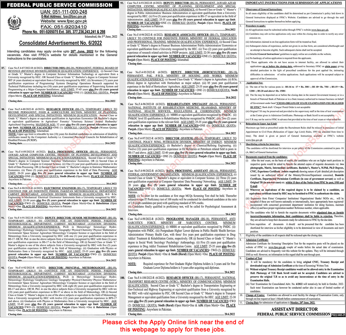 FPSC Jobs June 2022 Apply Online Consolidated Advertisement No 06/2022 6/2022 Latest