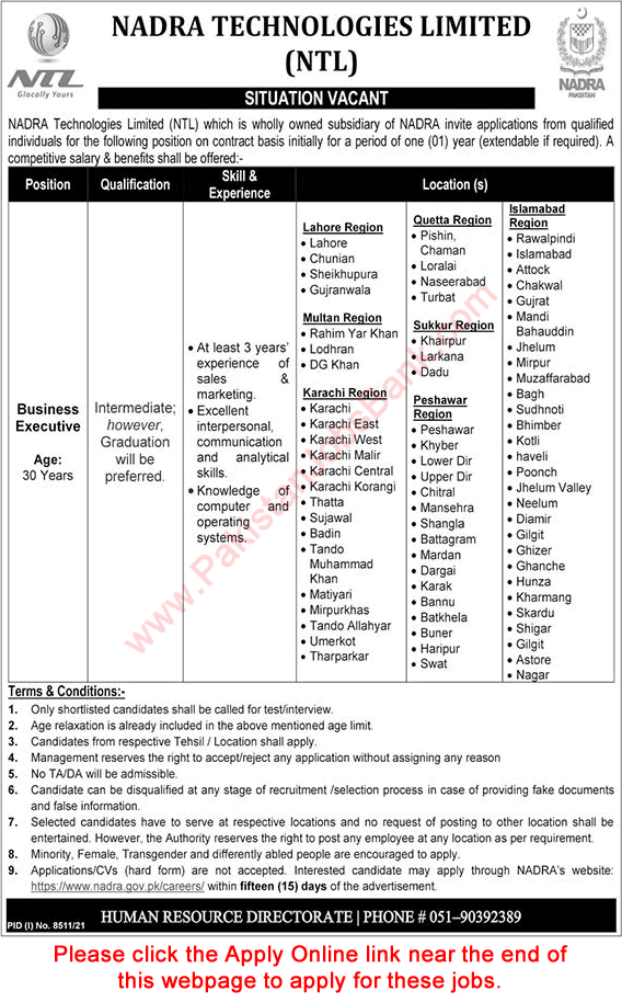 Business Executive Jobs in NADRA Technologies Limited 2022 June Apply Online NTL Latest