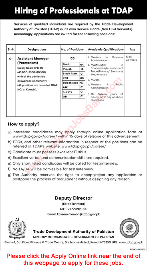 Assistant Manager Jobs in Trade Development Authority of Pakistan 2022 June Apply Online TDAP Latest