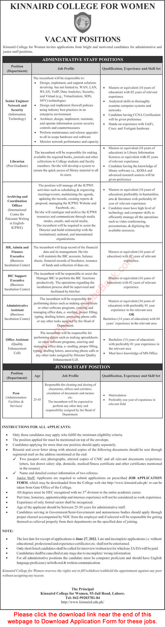 Kinnaird College for Women Lahore Jobs June 2022 Application Form Admin / Office Assistants & Others Latest